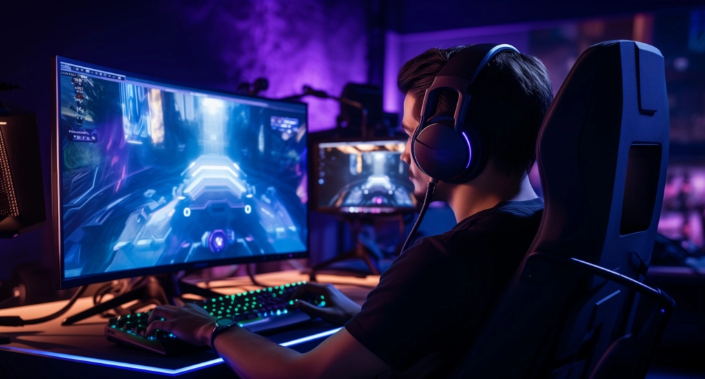 gamer playing games computer room